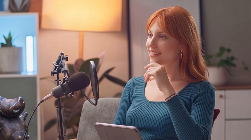 Nagranie podcastu — prowadząca w studiu podczas rozmowy